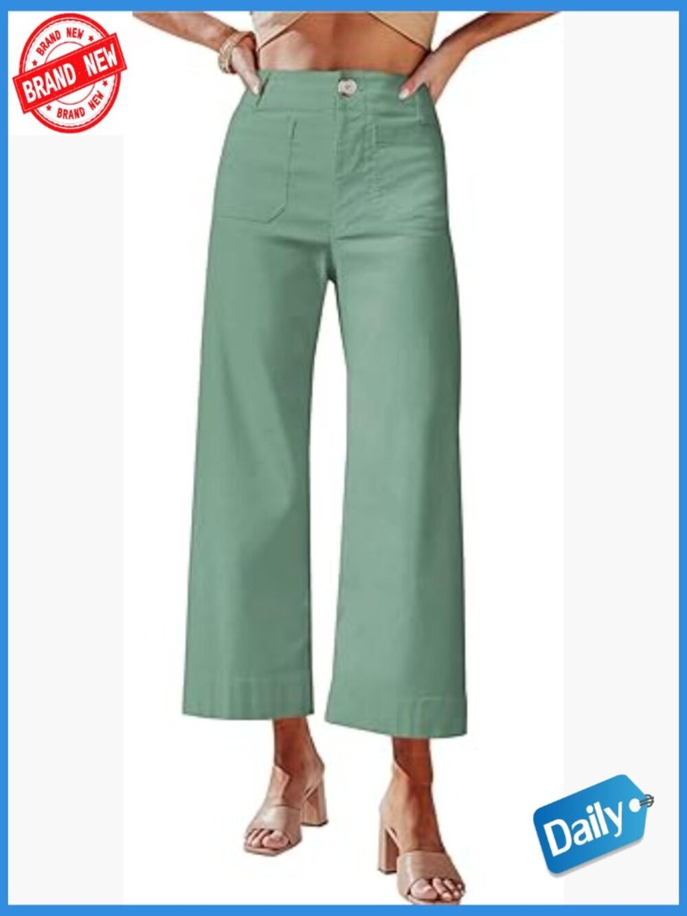 High Waisted Cropped Wide Leg Stretchy Pants Trousers with Pockets
